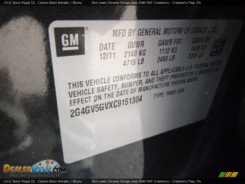 2012 Buick Regal GS Carbon Black Metallic / Ebony Photo #16