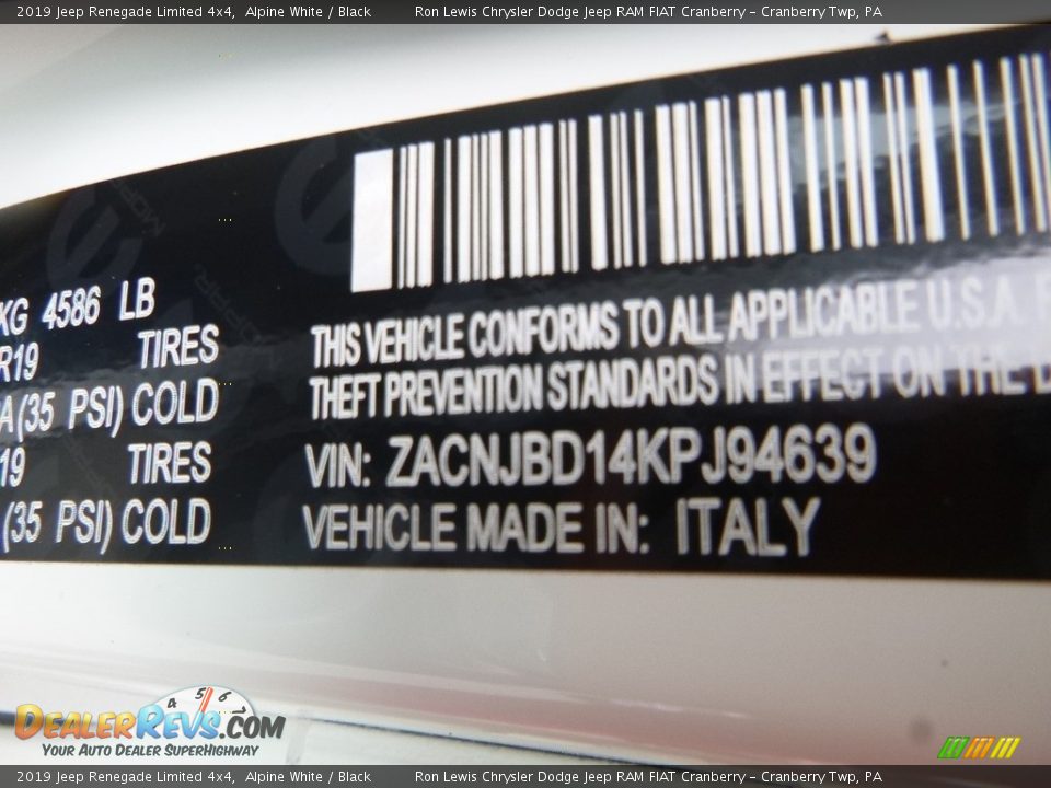 2019 Jeep Renegade Limited 4x4 Alpine White / Black Photo #16