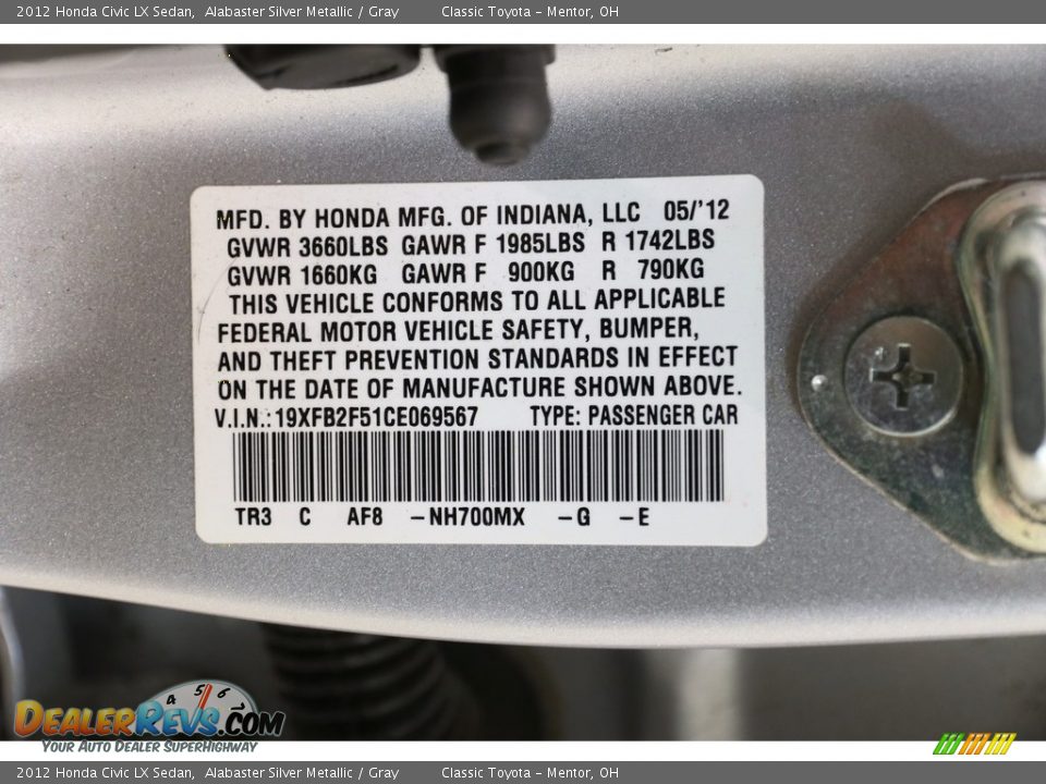 2012 Honda Civic LX Sedan Alabaster Silver Metallic / Gray Photo #21