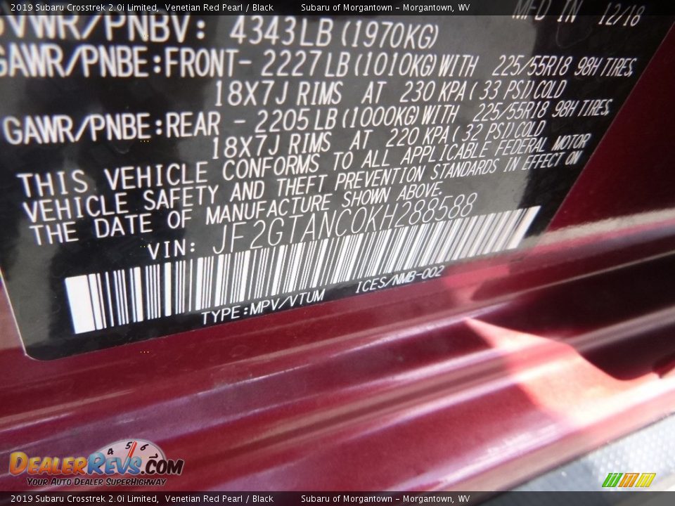 2019 Subaru Crosstrek 2.0i Limited Venetian Red Pearl / Black Photo #16