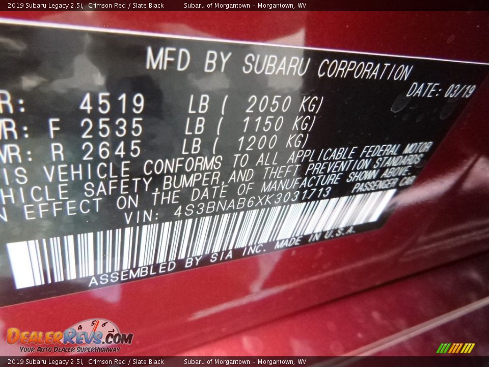 2019 Subaru Legacy 2.5i Crimson Red / Slate Black Photo #15