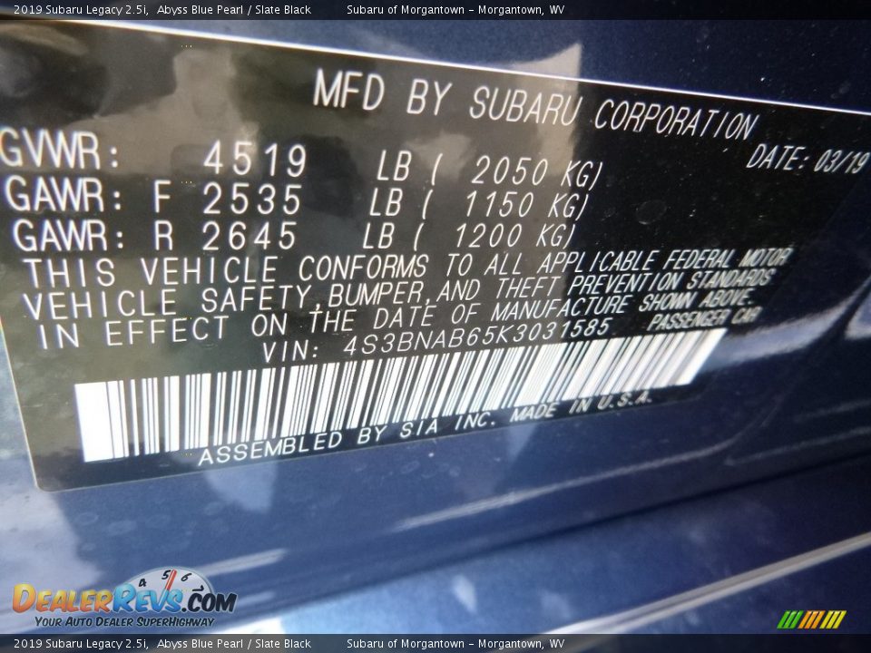 2019 Subaru Legacy 2.5i Abyss Blue Pearl / Slate Black Photo #15