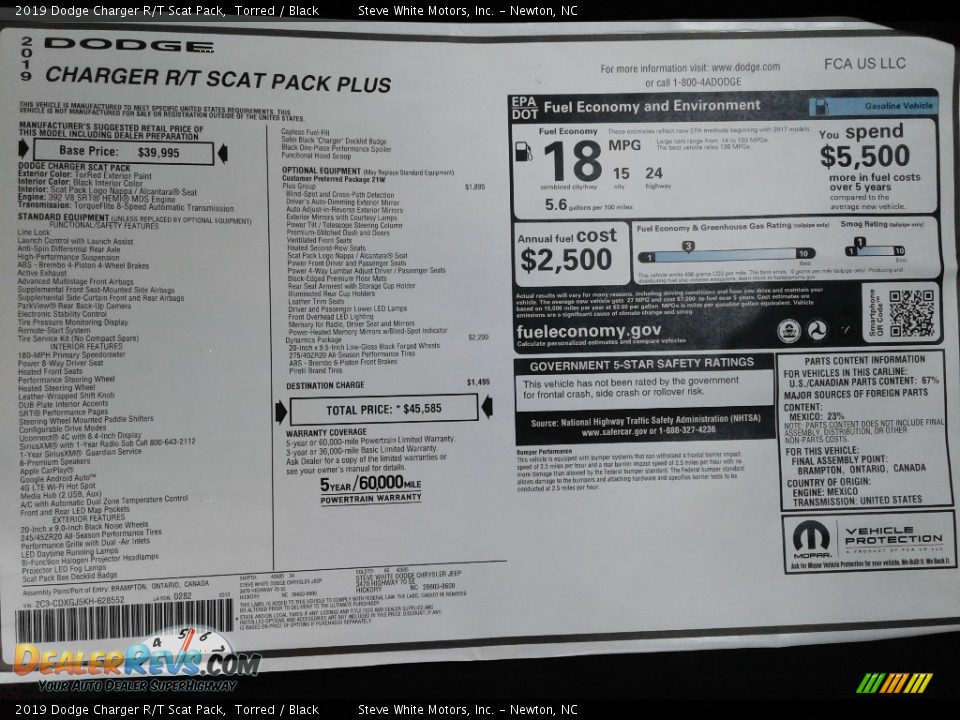 2019 Dodge Charger R/T Scat Pack Window Sticker Photo #25
