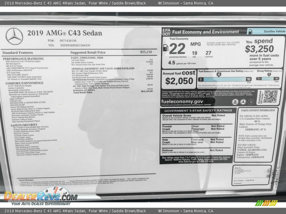 2019 Mercedes-Benz C 43 AMG 4Matic Sedan Polar White / Saddle Brown/Black Photo #10