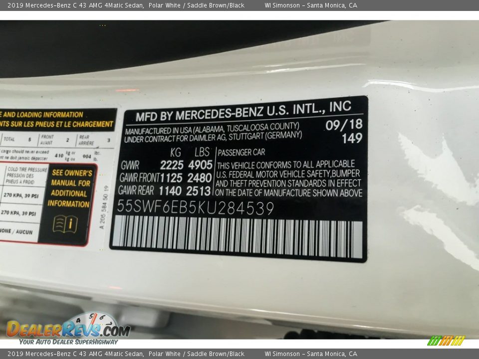 2019 Mercedes-Benz C 43 AMG 4Matic Sedan Polar White / Saddle Brown/Black Photo #11