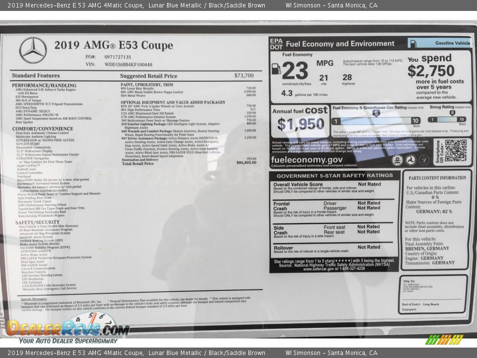 2019 Mercedes-Benz E 53 AMG 4Matic Coupe Window Sticker Photo #10