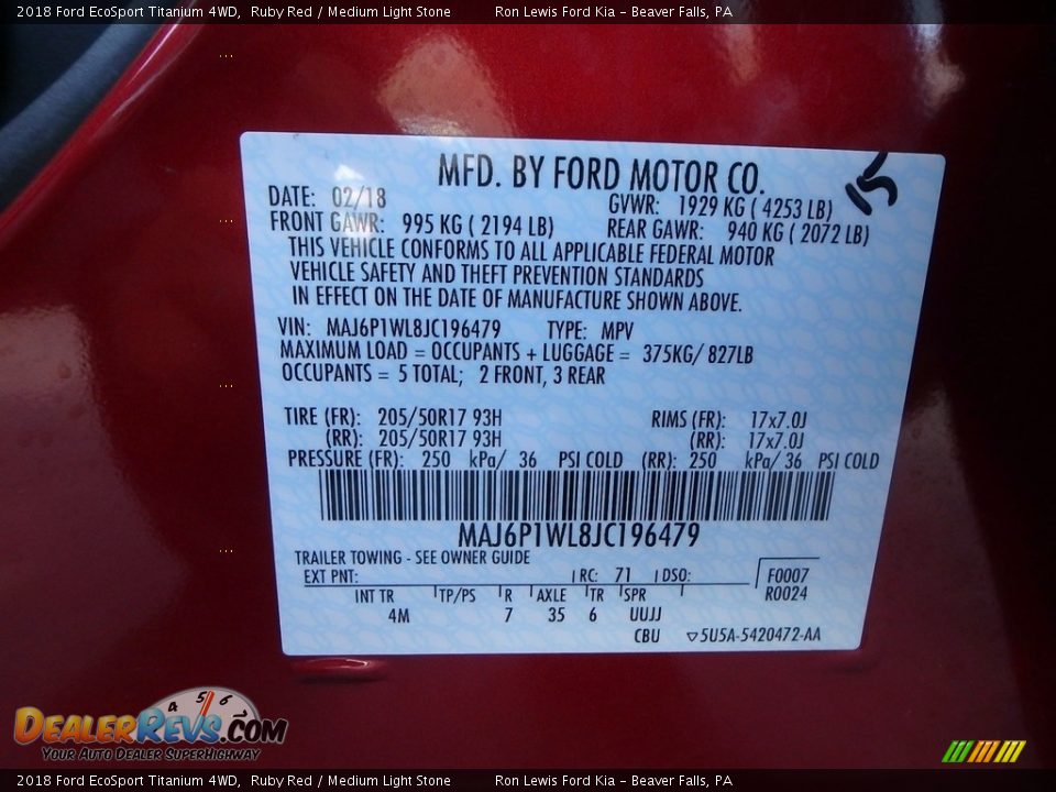 2018 Ford EcoSport Titanium 4WD Ruby Red / Medium Light Stone Photo #16