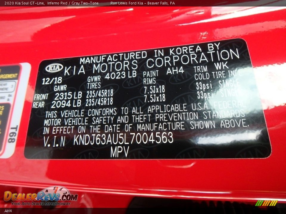 Kia Color Code AH4 Inferno Red