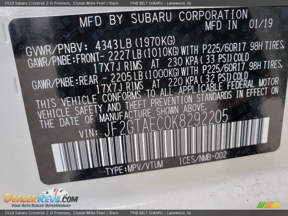 2019 Subaru Crosstrek 2.0i Premium Crystal White Pearl / Black Photo #9