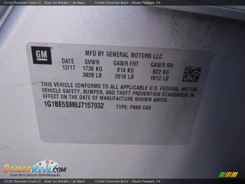 2018 Chevrolet Cruze LT Silver Ice Metallic / Jet Black Photo #33