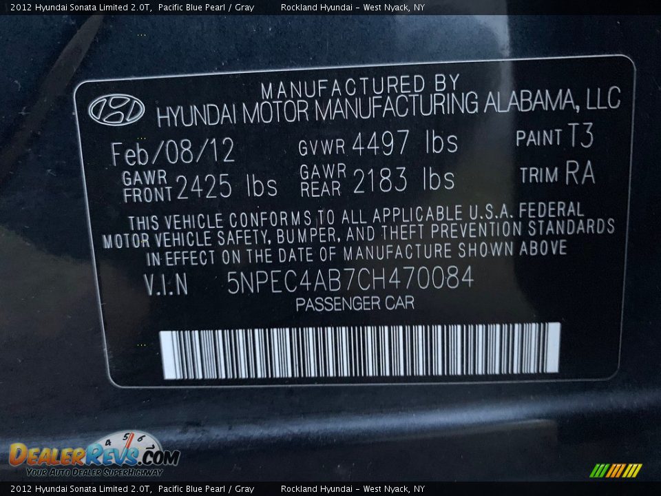 2012 Hyundai Sonata Limited 2.0T Pacific Blue Pearl / Gray Photo #28