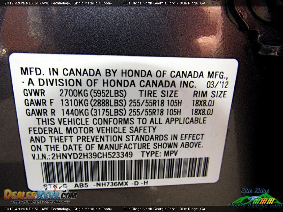 2012 Acura MDX SH-AWD Technology Grigio Metallic / Ebony Photo #26