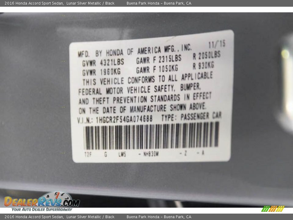 2016 Honda Accord Sport Sedan Lunar Silver Metallic / Black Photo #35
