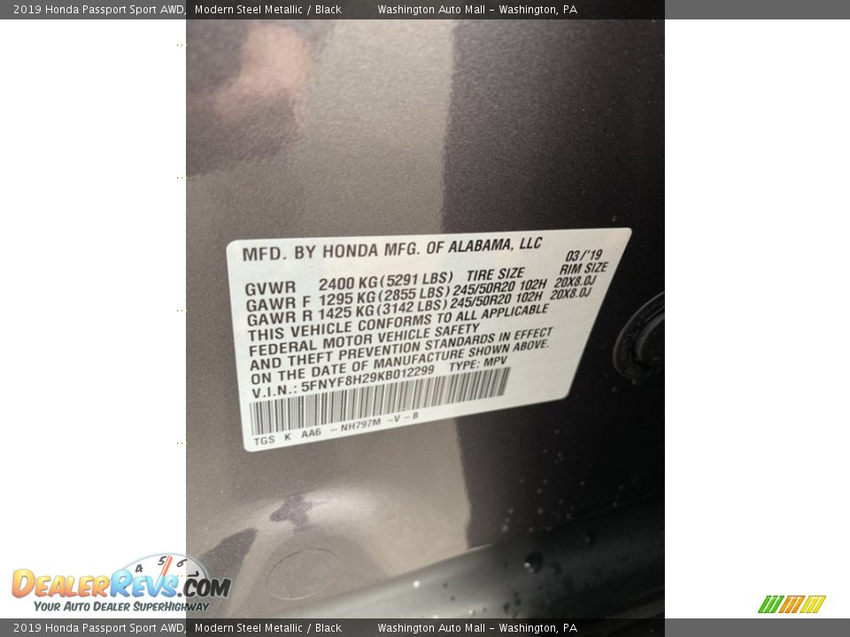 2019 Honda Passport Sport AWD Modern Steel Metallic / Black Photo #14