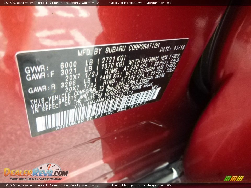 2019 Subaru Ascent Limited Crimson Red Pearl / Warm Ivory Photo #17