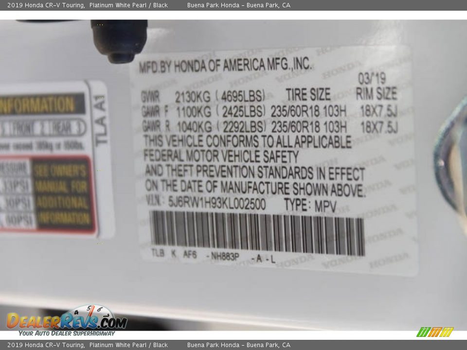 2019 Honda CR-V Touring Platinum White Pearl / Black Photo #18