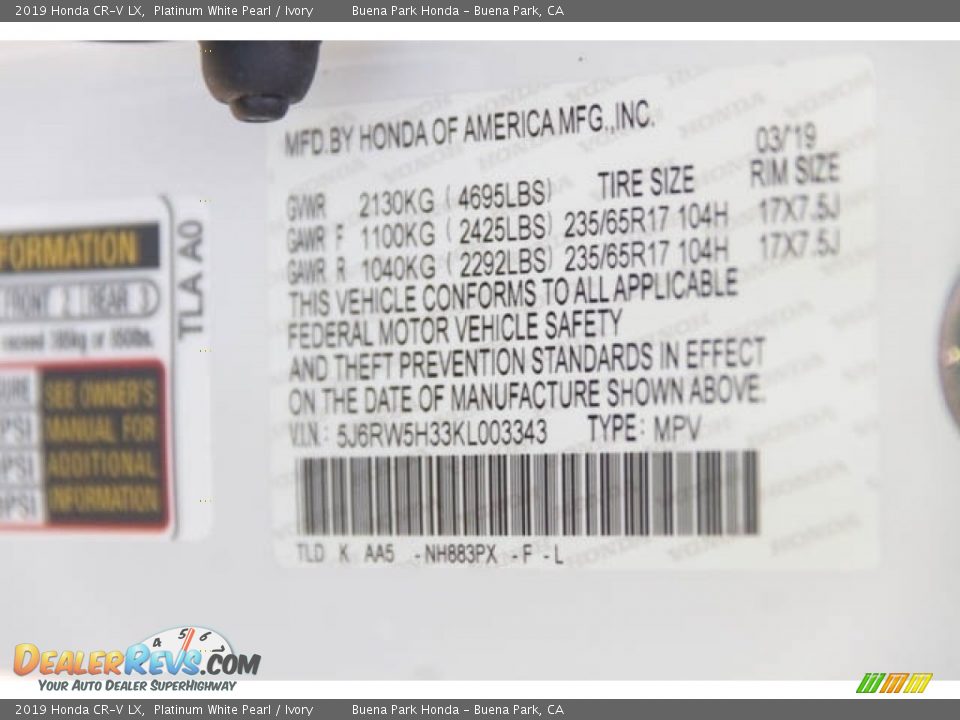 2019 Honda CR-V LX Platinum White Pearl / Ivory Photo #35