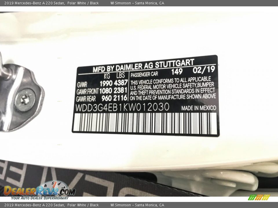 2019 Mercedes-Benz A 220 Sedan Polar White / Black Photo #11