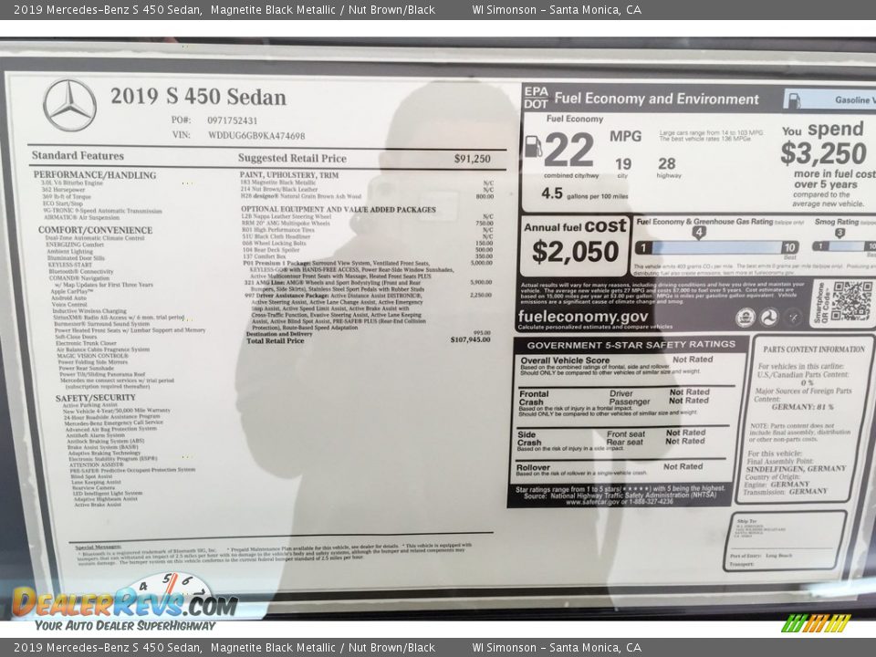 2019 Mercedes-Benz S 450 Sedan Magnetite Black Metallic / Nut Brown/Black Photo #10