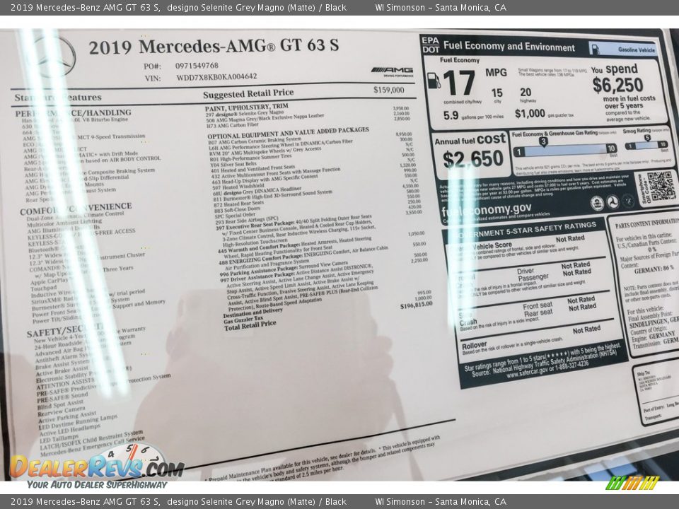 2019 Mercedes-Benz AMG GT 63 S Window Sticker Photo #10