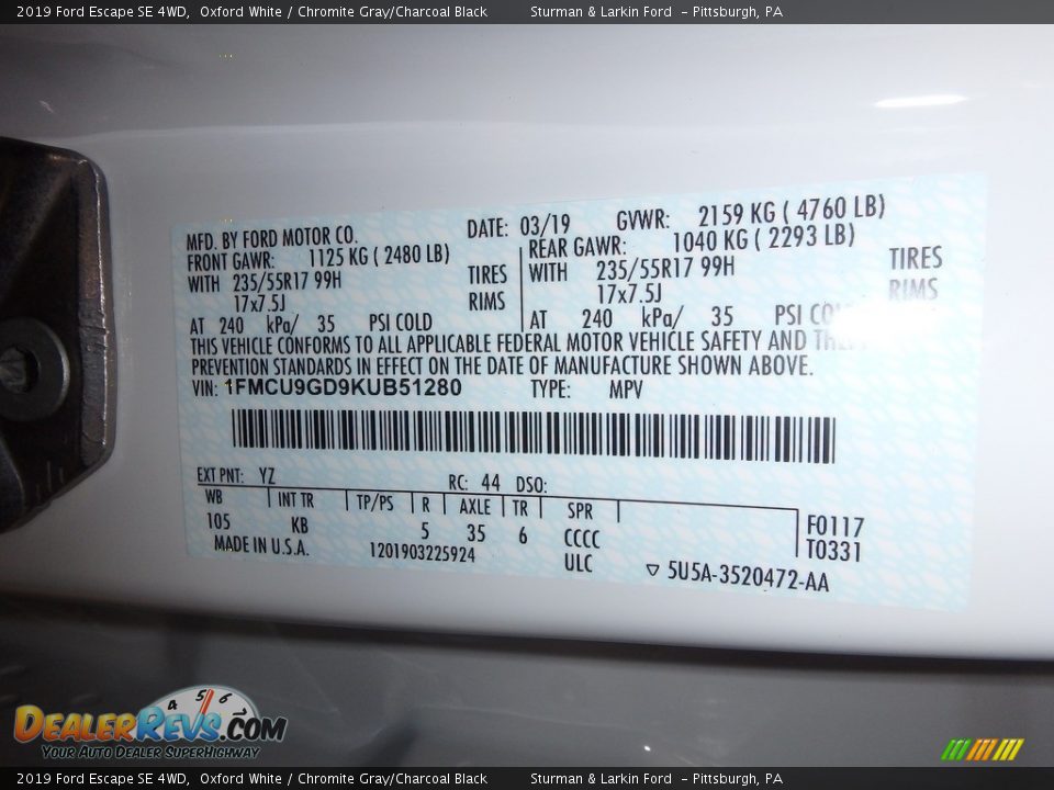 2019 Ford Escape SE 4WD Oxford White / Chromite Gray/Charcoal Black Photo #11