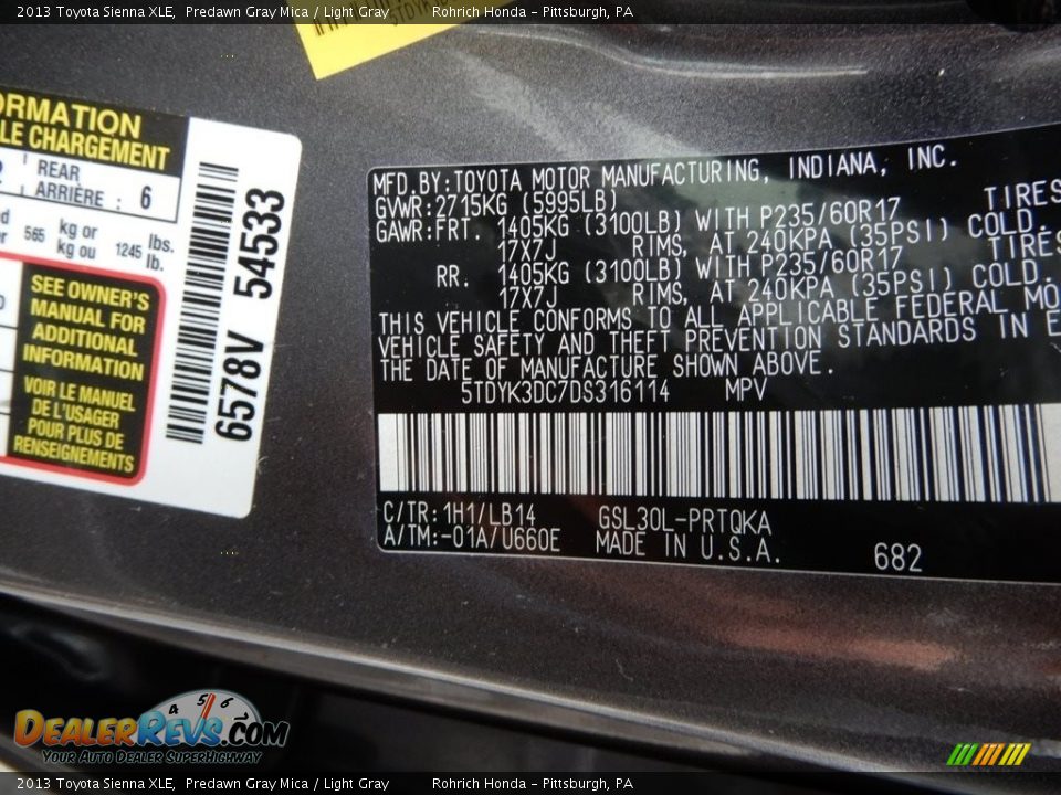 2013 Toyota Sienna XLE Predawn Gray Mica / Light Gray Photo #27