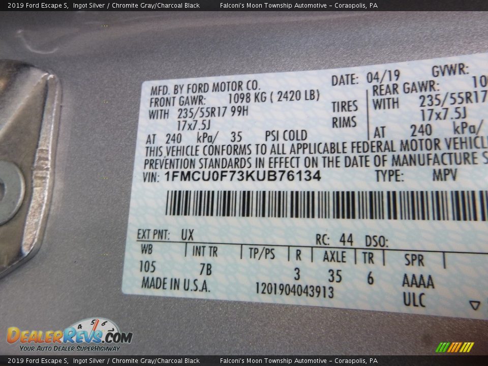 2019 Ford Escape S Ingot Silver / Chromite Gray/Charcoal Black Photo #13