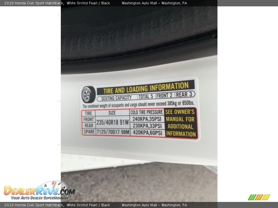 2019 Honda Civic Sport Hatchback White Orchid Pearl / Black Photo #13