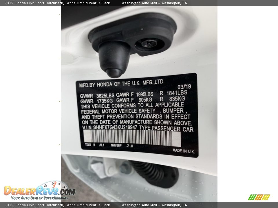 2019 Honda Civic Sport Hatchback White Orchid Pearl / Black Photo #14