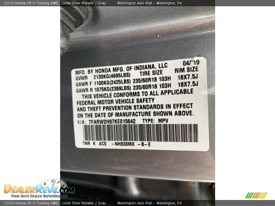 2019 Honda CR-V Touring AWD Lunar Silver Metallic / Gray Photo #14