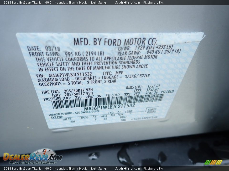 2018 Ford EcoSport Titanium 4WD Moondust Silver / Medium Light Stone Photo #23