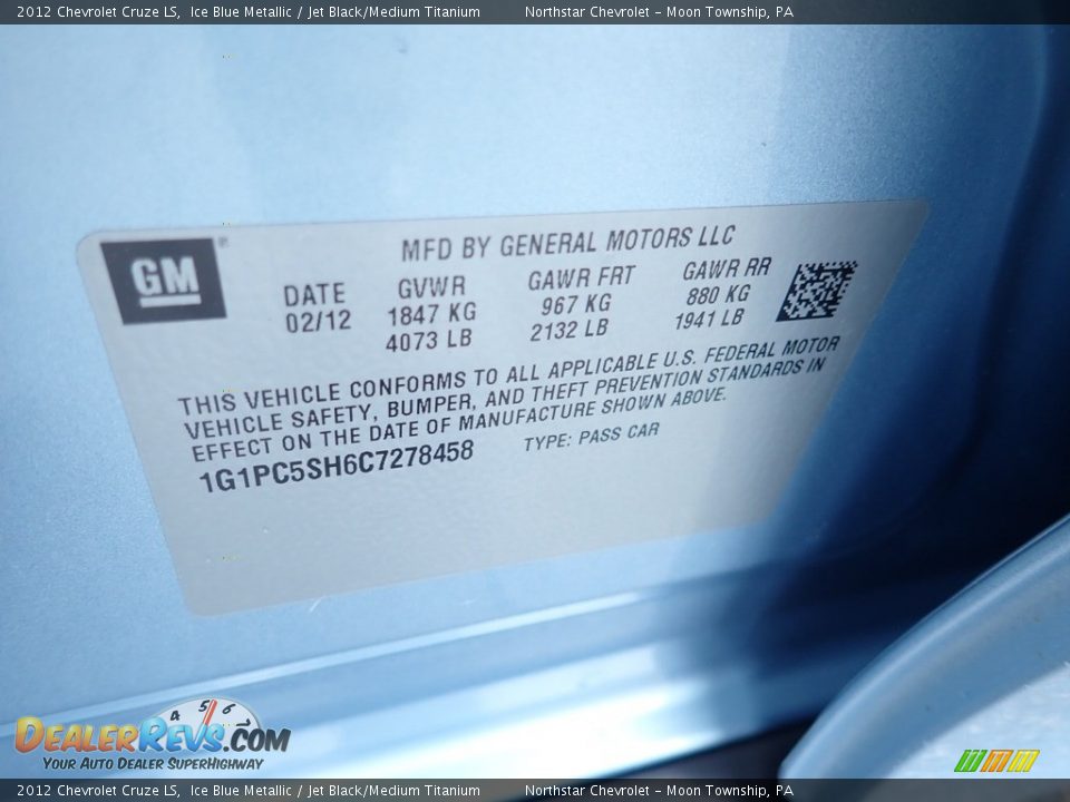 2012 Chevrolet Cruze LS Ice Blue Metallic / Jet Black/Medium Titanium Photo #29