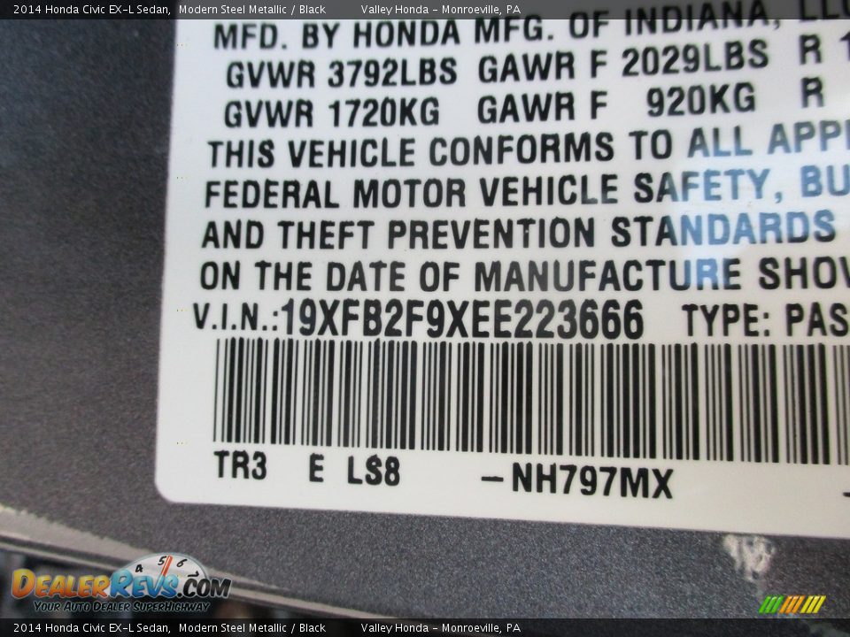 2014 Honda Civic EX-L Sedan Modern Steel Metallic / Black Photo #19