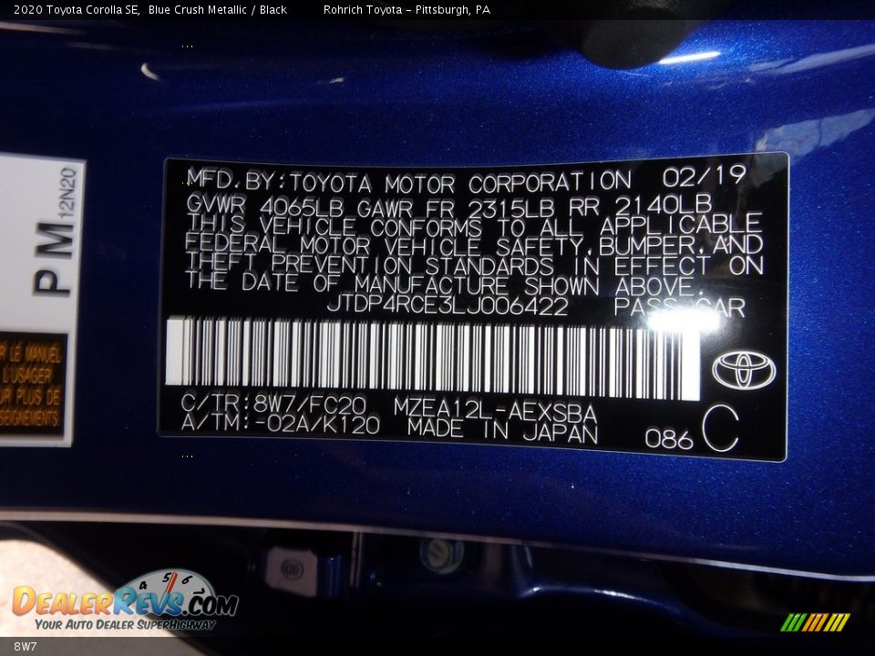Toyota Color Code 8W7 Blue Crush Metallic