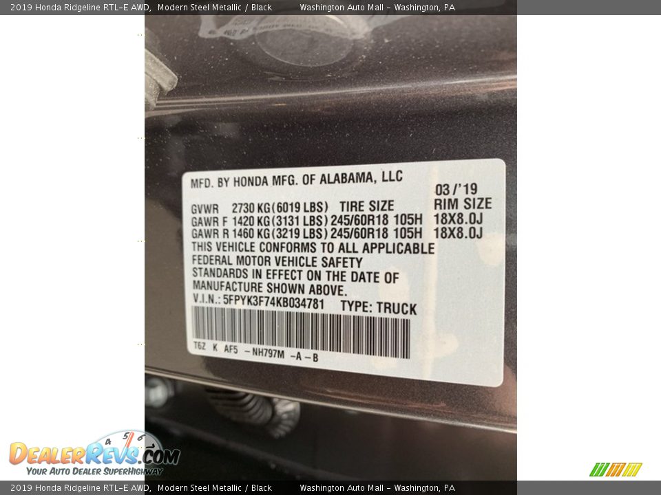 2019 Honda Ridgeline RTL-E AWD Modern Steel Metallic / Black Photo #14