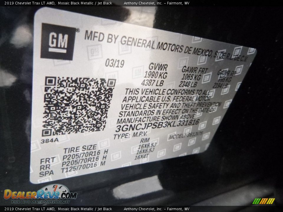 2019 Chevrolet Trax LT AWD Mosaic Black Metallic / Jet Black Photo #14
