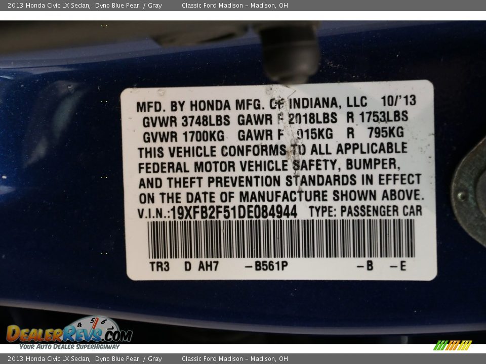 2013 Honda Civic LX Sedan Dyno Blue Pearl / Gray Photo #23