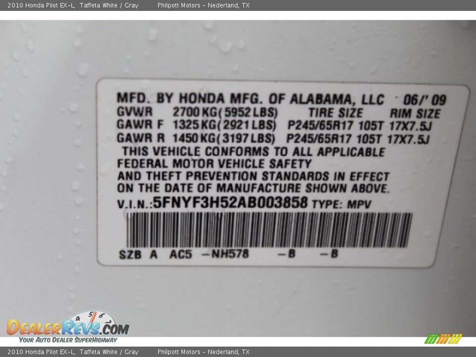 2010 Honda Pilot EX-L Taffeta White / Gray Photo #29