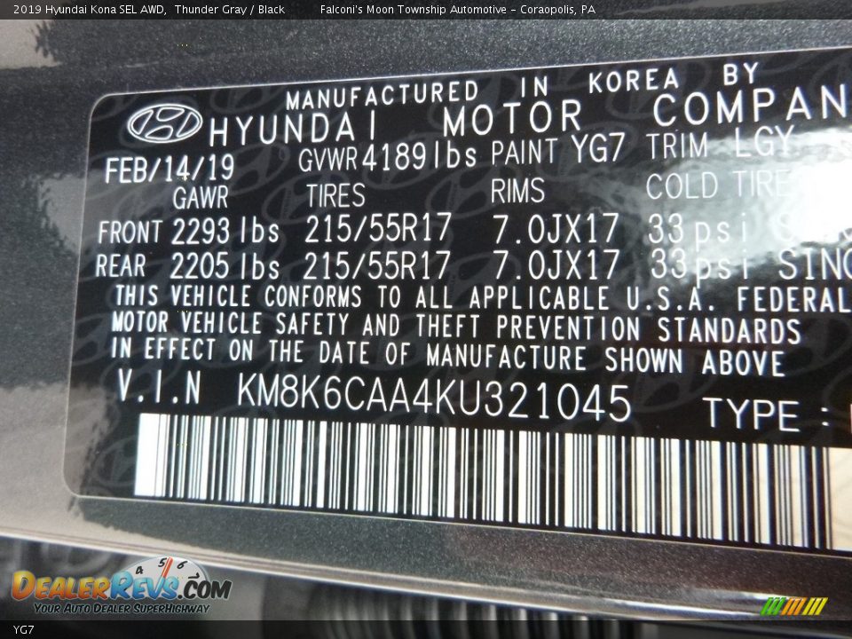 Hyundai Color Code YG7 Thunder Gray