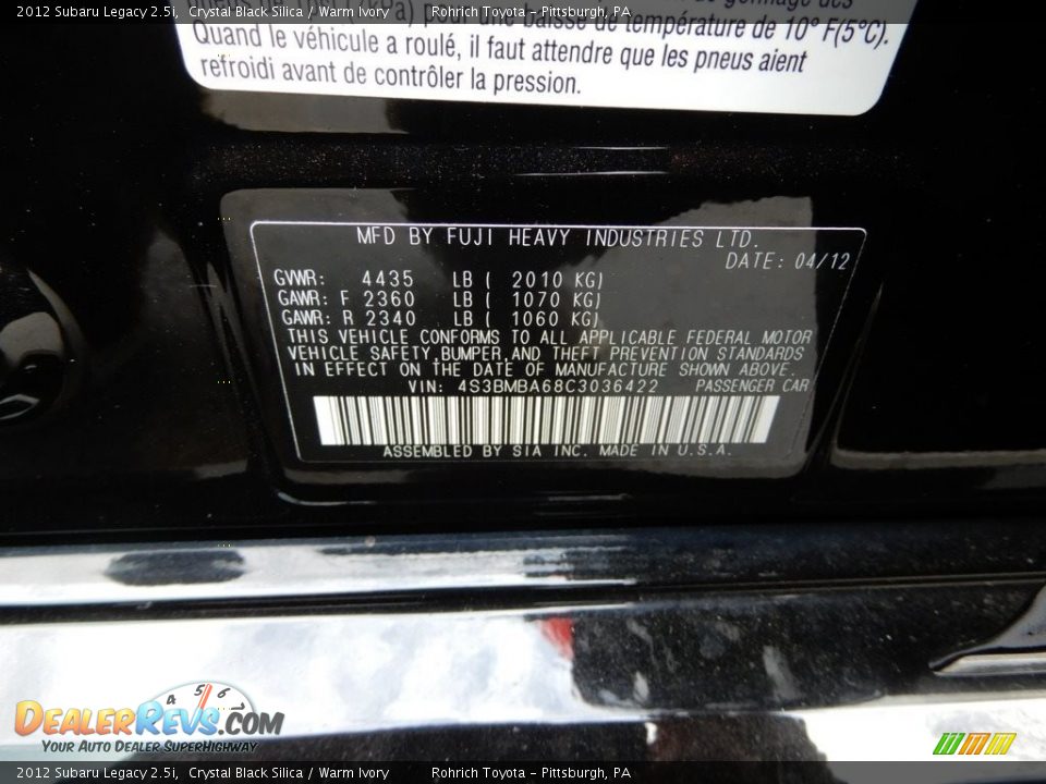 2012 Subaru Legacy 2.5i Crystal Black Silica / Warm Ivory Photo #27