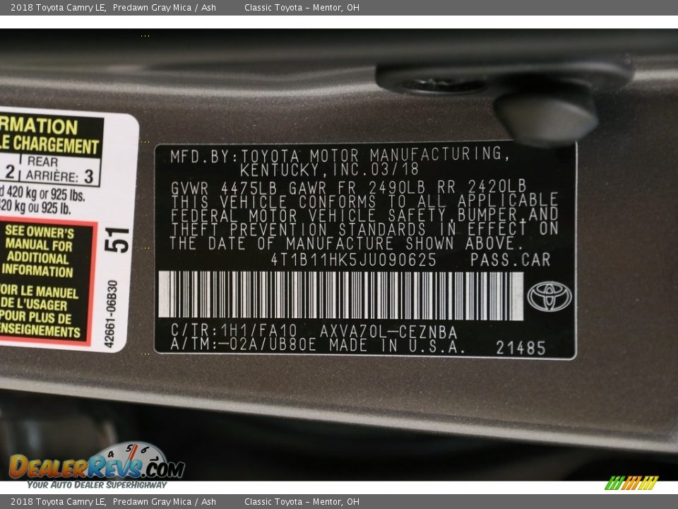 2018 Toyota Camry LE Predawn Gray Mica / Ash Photo #20