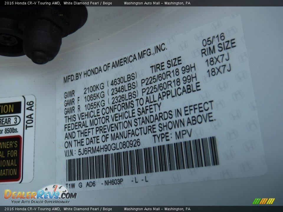 2016 Honda CR-V Touring AWD White Diamond Pearl / Beige Photo #31