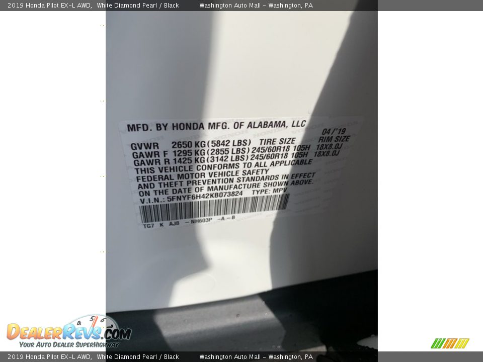2019 Honda Pilot EX-L AWD White Diamond Pearl / Black Photo #14