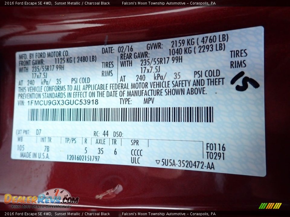 2016 Ford Escape SE 4WD Sunset Metallic / Charcoal Black Photo #23