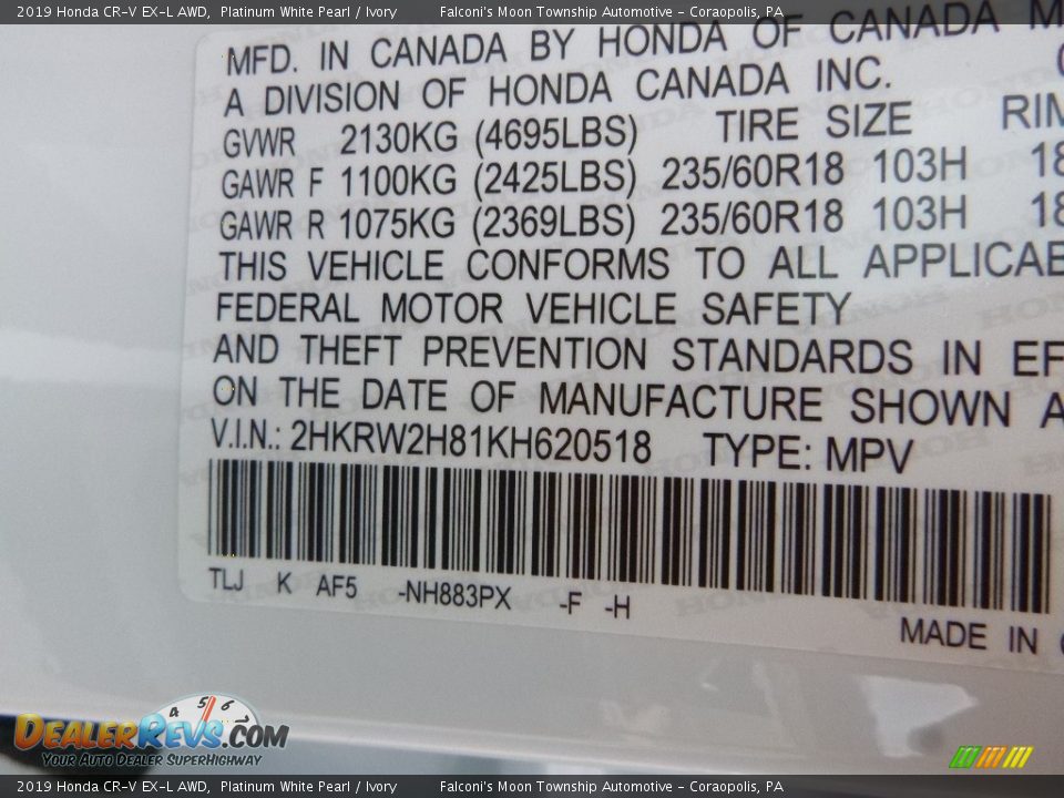 2019 Honda CR-V EX-L AWD Platinum White Pearl / Ivory Photo #12