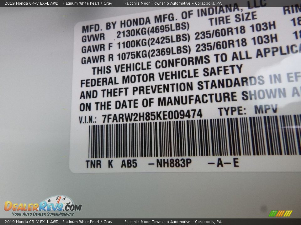 2019 Honda CR-V EX-L AWD Platinum White Pearl / Gray Photo #12