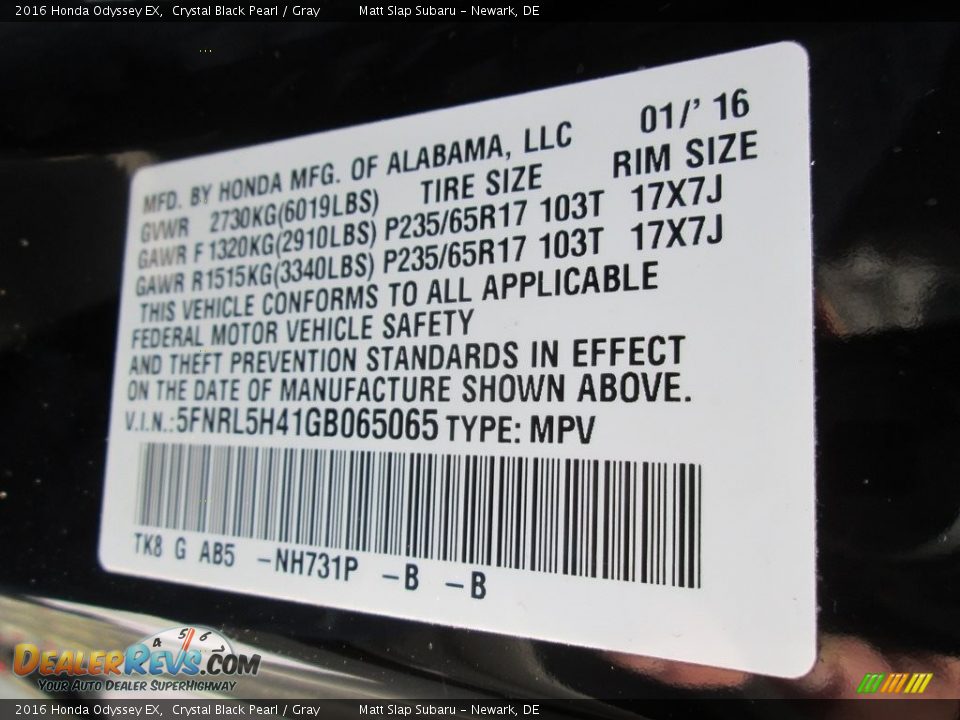 2016 Honda Odyssey EX Crystal Black Pearl / Gray Photo #29
