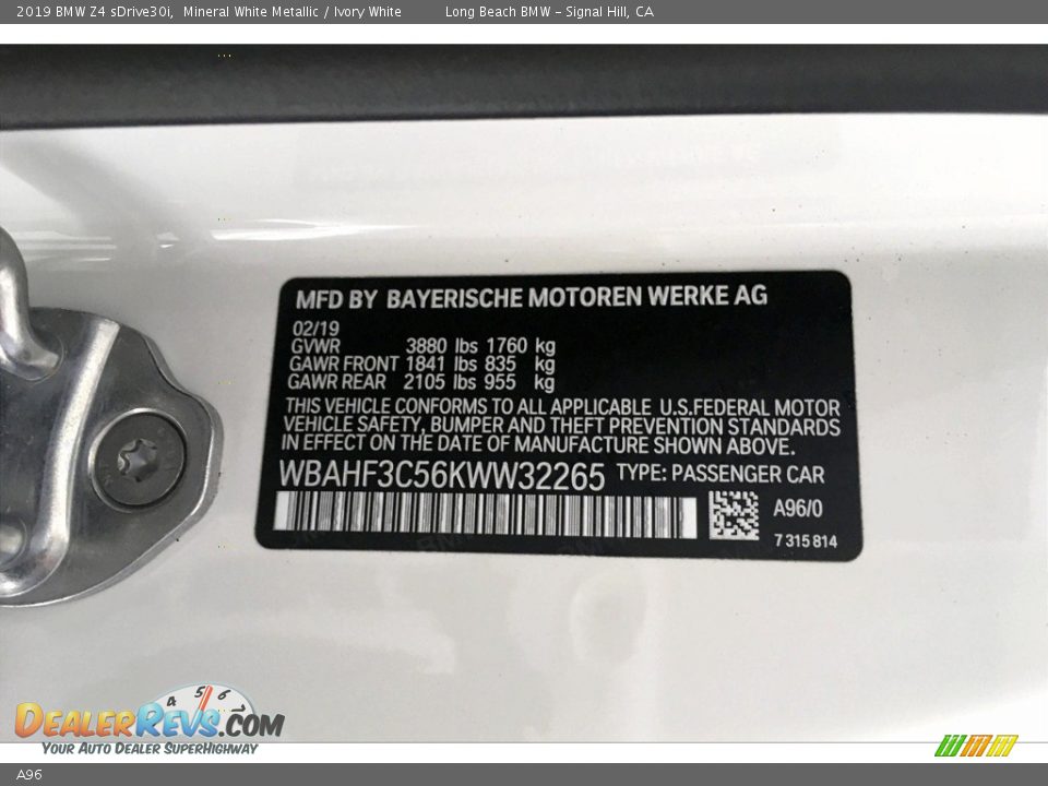 BMW Color Code A96 Mineral White Metallic