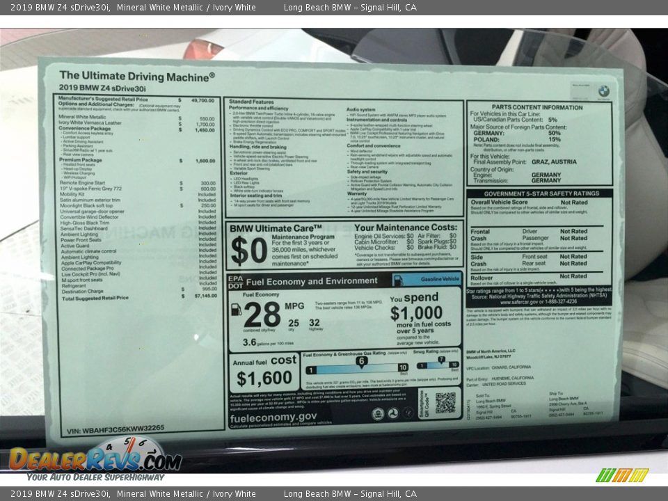 2019 BMW Z4 sDrive30i Window Sticker Photo #11