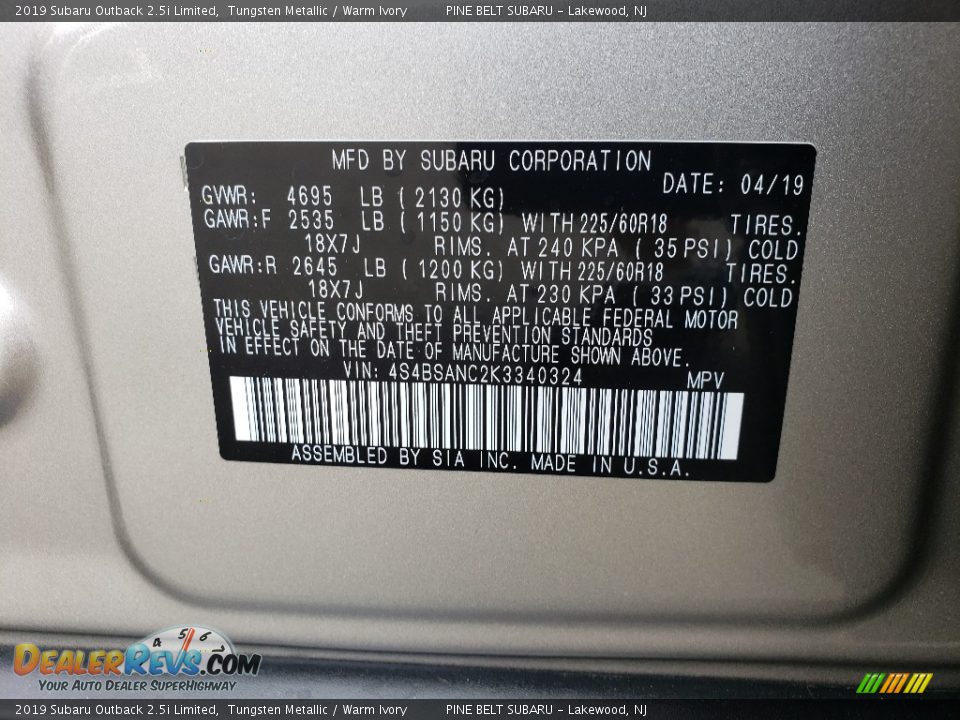 2019 Subaru Outback 2.5i Limited Tungsten Metallic / Warm Ivory Photo #9